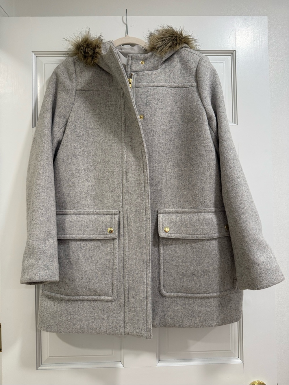 J. Crew Light Gray Wool-Blend Hooded Pea Coat with Faux-Fur Trim